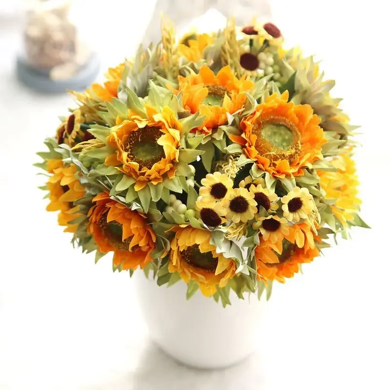 Autumn Decoration 5 Heads Yellow Sunflower Silk Artificial Flowers Bouquet For Home Decoration Office Party Garden Decor