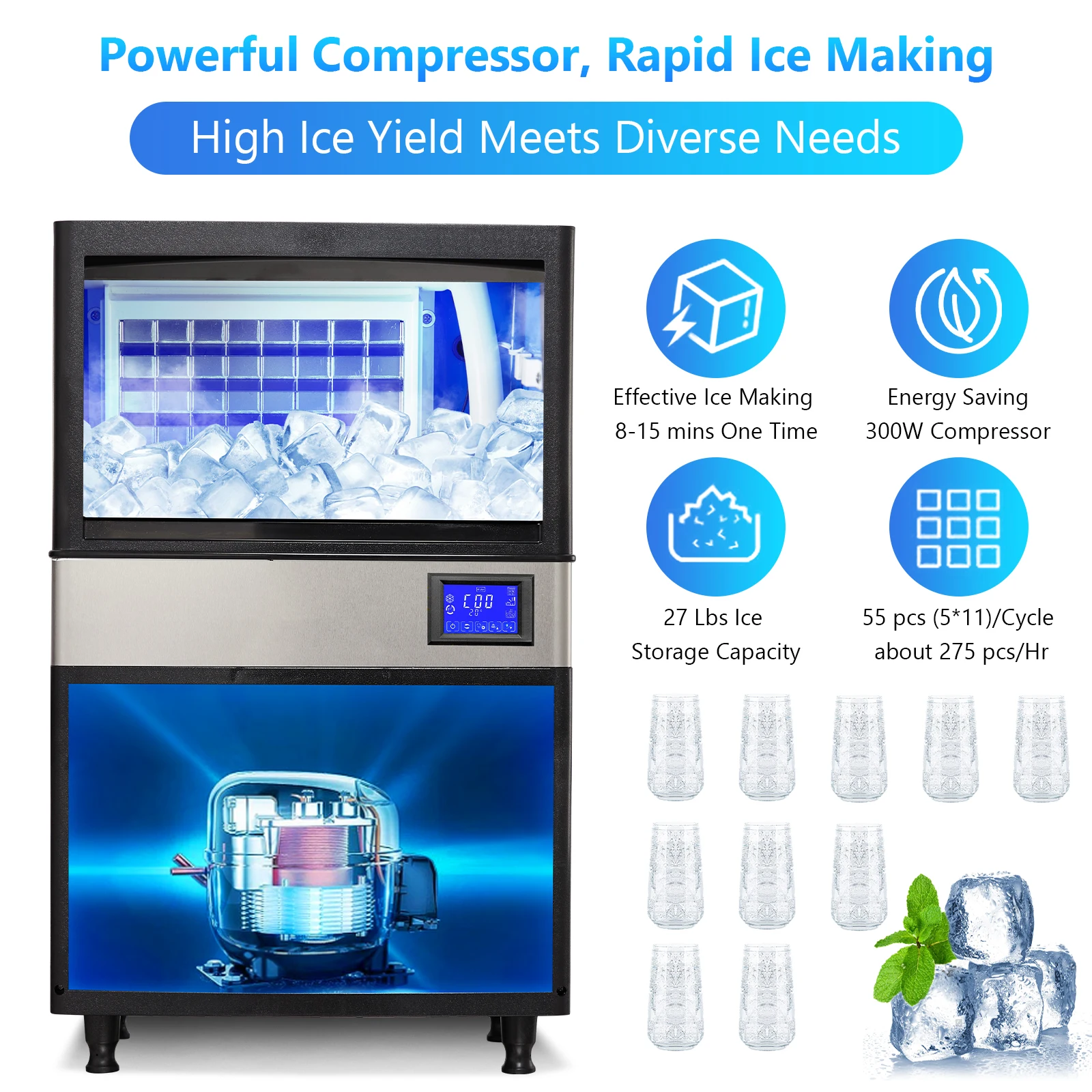 Commercial Ice Maker Machine,110LBS/24H with 27LBS Bin & Water Filter, Stainless Steel, Auto Operation,Under Counter Ice Machine