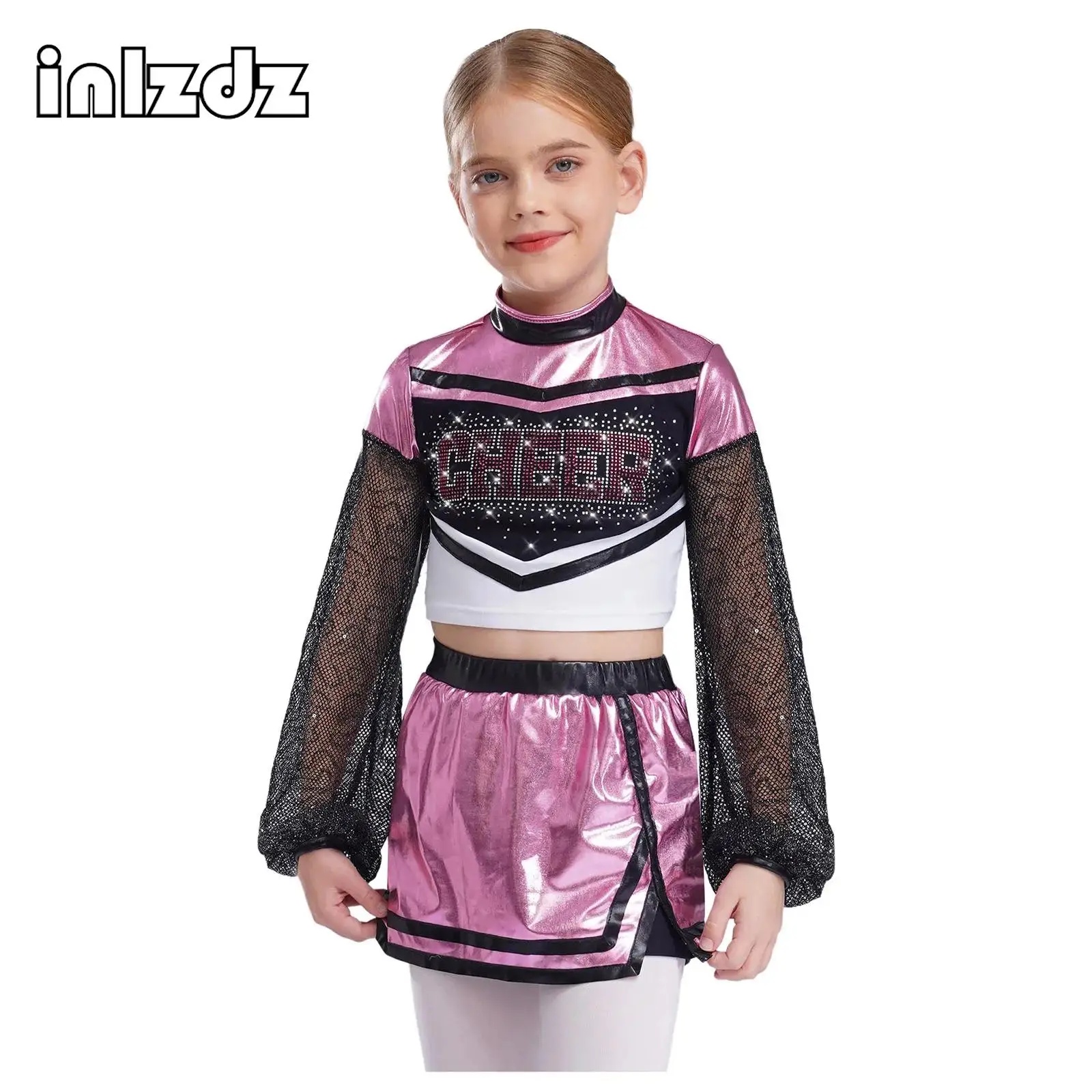 

Girls Shiny Rhinestone Cheerleading Uniform Jazz Dance Performance Set Hollow Out Mesh Long Sleeves Crop Top+Skirt 2-piece Set