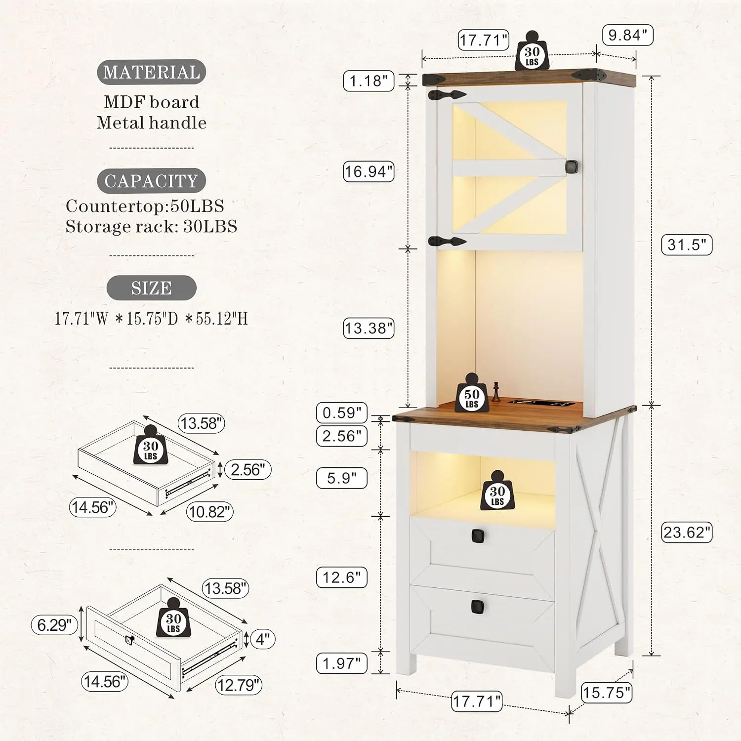 Tall Nightstand with Charging Station, Bedside Table with Drawers & Adjustable Shelf, LED Gun Storage, Farmhouse Bedroom Table