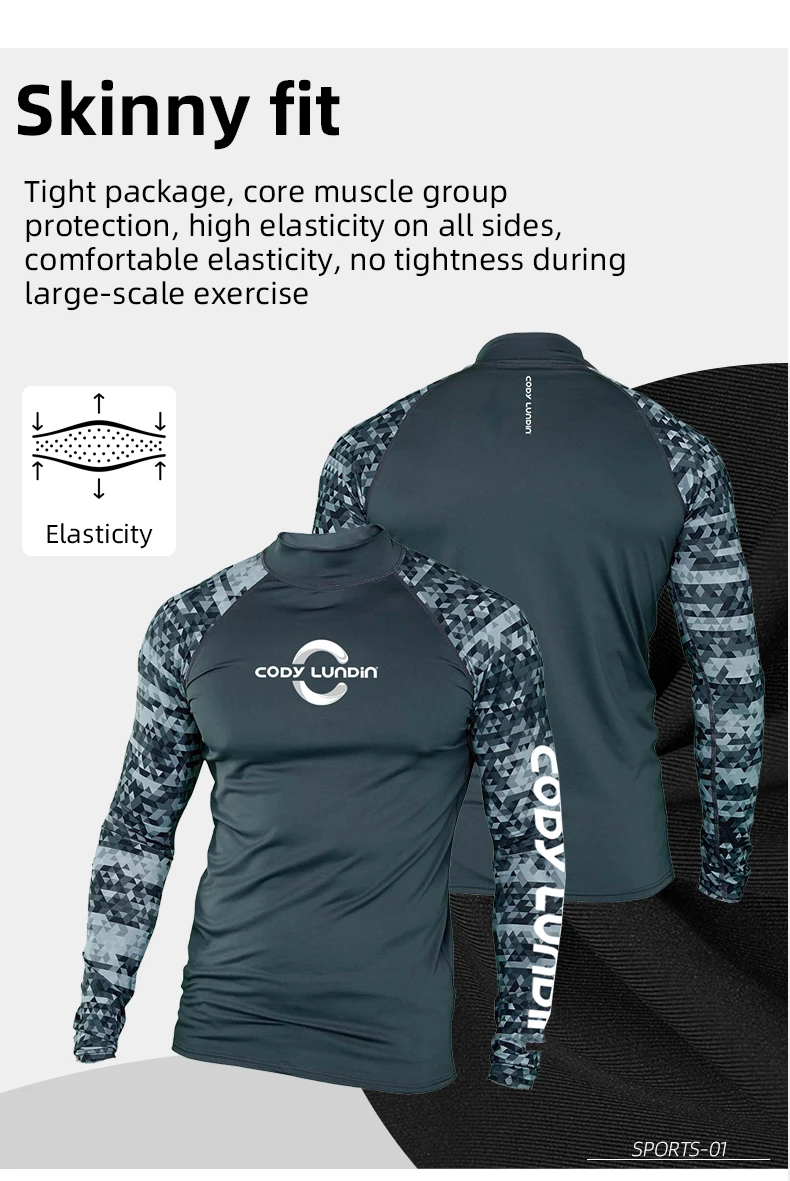 Surfing Swimming Diving T-Shirts Compression Long Rash Guard Swimwear Men's UV Protection Surf Clothing Beach Floatsuit Tops