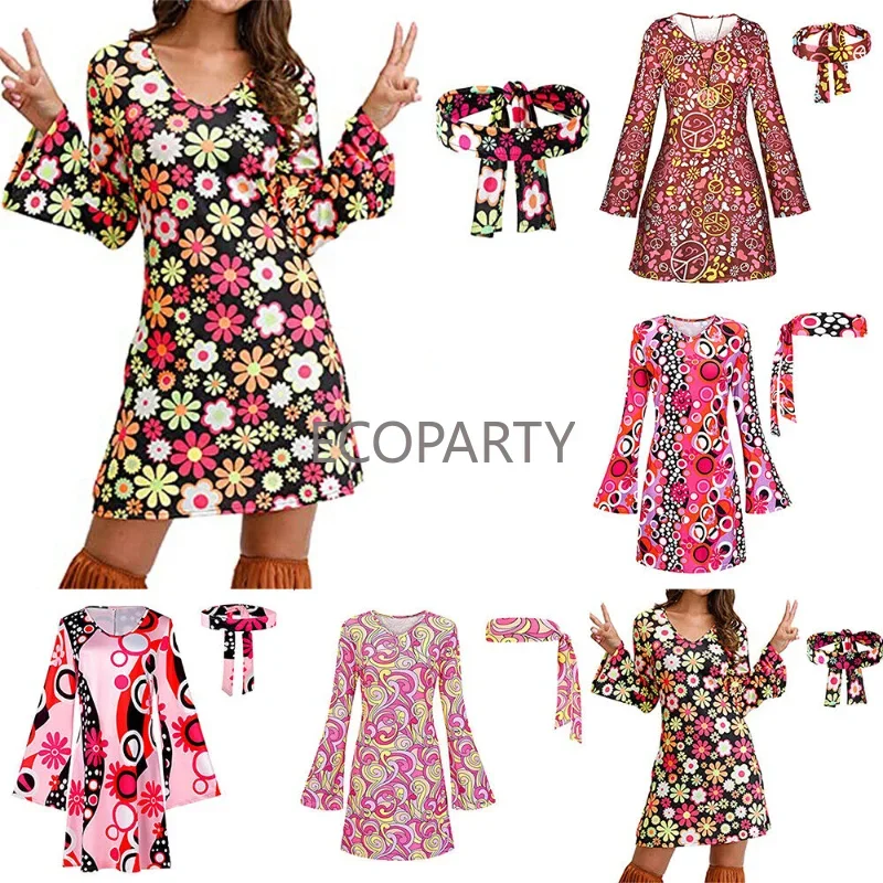 

2023 New Women Ladies Hippie 60s 70s Hippy Flower Fancy Dress Costume Flares Adult Outfit Dress for Women Summer Dress