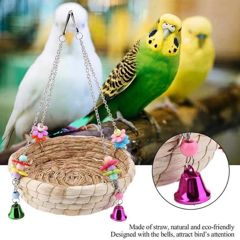 

Bird Parrot Toys Parrot Bird Nest Natural Handwoven Straw Nest Bed Swing With 4 Metal Bells Bird Parrot Toys Swing For Birds