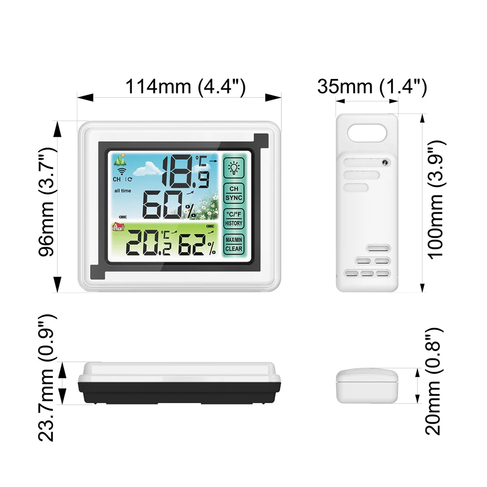 Indoor Outdoor Thermohygrometer Touch Color Screen Weather Station Wireless Thermometer Hygrometer Temperature Humidity Monitor