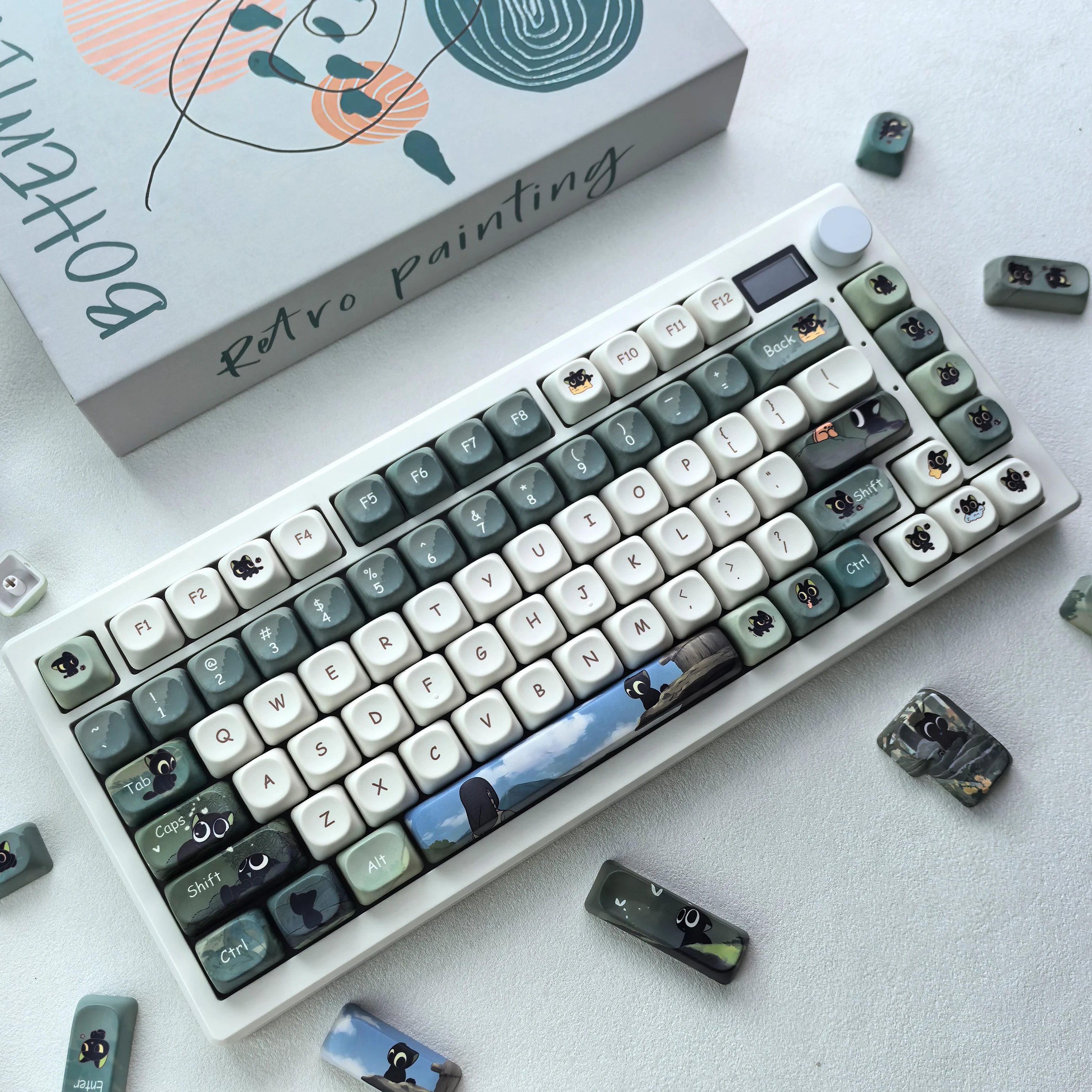 MAIMOOO Keycaps Green White Cute Little Black Cat Moa Cherry Pbt Custom Diy Aula Ajazz Mechanical Keyboard Keycaps