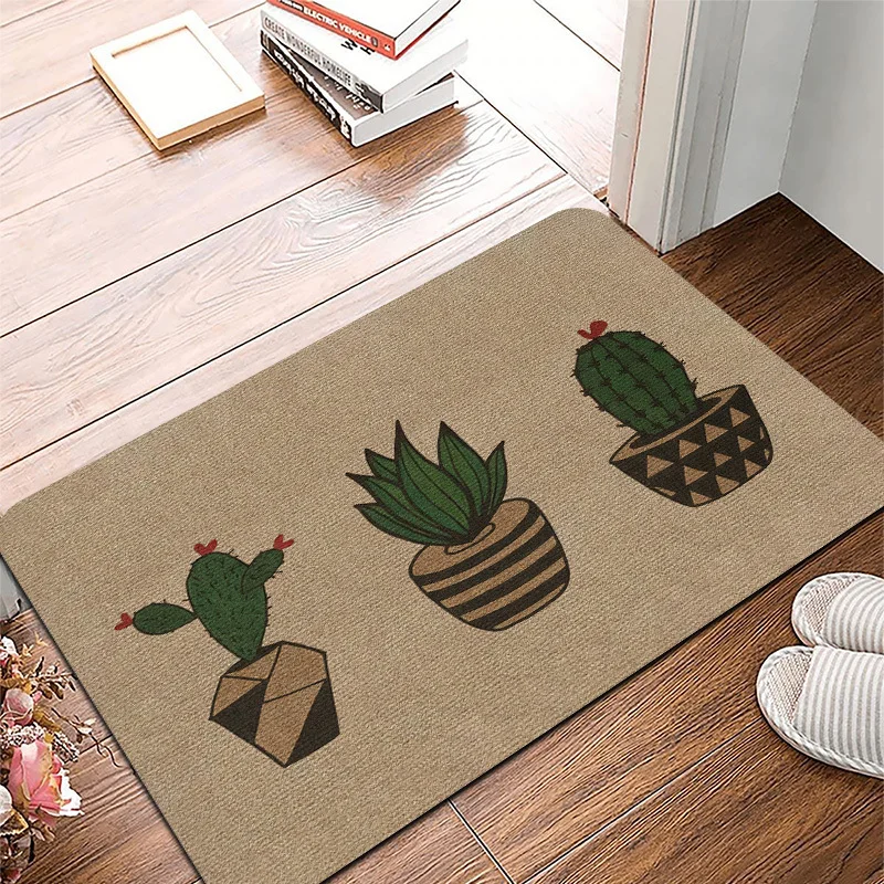Potted Cactus Plant Doormat, Greenery Style Non-Slip Entryway Rug, Durable Washable Floor Mat for Living Room and Patio