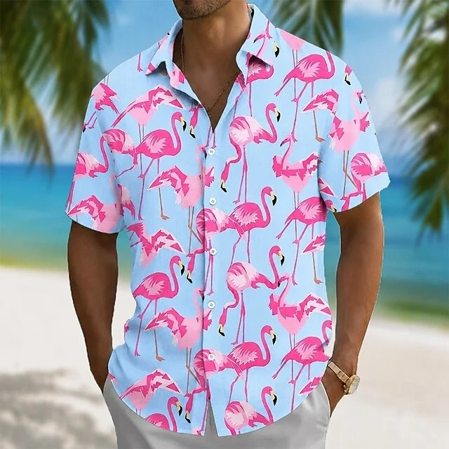

Men's Shirt, Flamingo Tropical Pattern Print 3D Summer Hawaiian Shirt, Women's Couple Shirt, Short Sleeved Shirt, Casual Summer