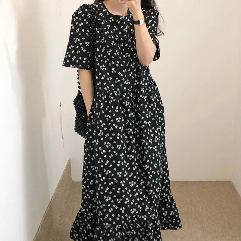 

Fashion O-Neck Printed Pockets Ruffles Bandage Floral Dress Women's Clothing 2024 Summer New Loose All-match Casual Dresses