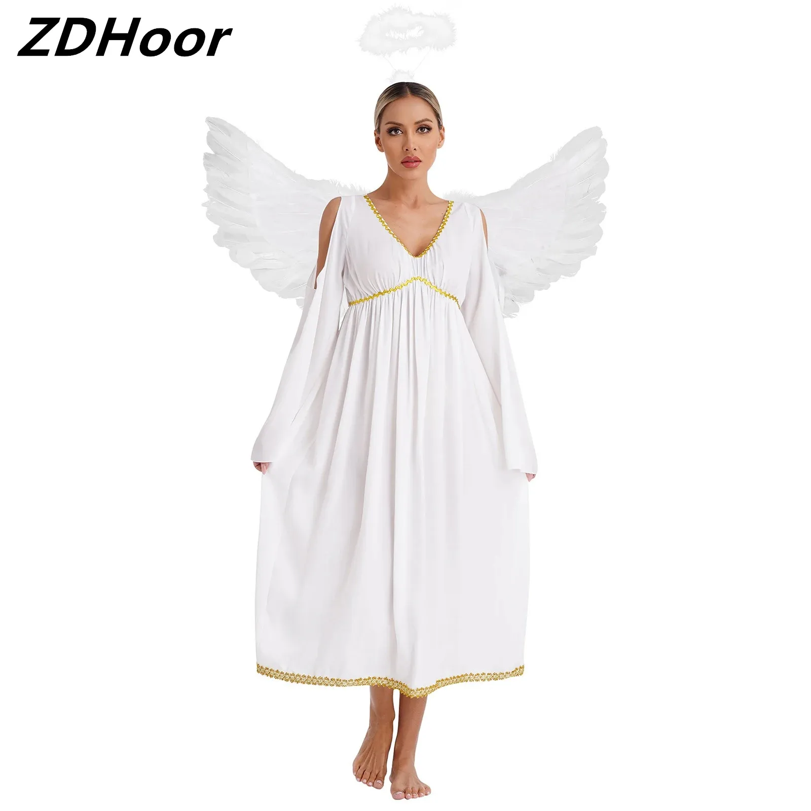 

Womens Angel Costume Halloween Role Play Set V Neck Cold Shoulder Flare Sleeve Chiffon Dress with Headband And Feather Wings