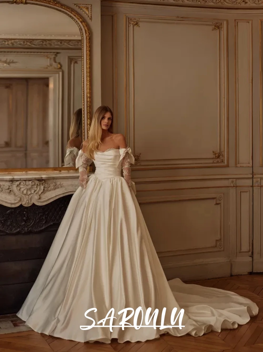 

Fairytale Back Bow Pearls Customized Wedding Dress Elegant Sweetheart Neckline Bride Vintage Satin Corset Ball Gown No Gloves