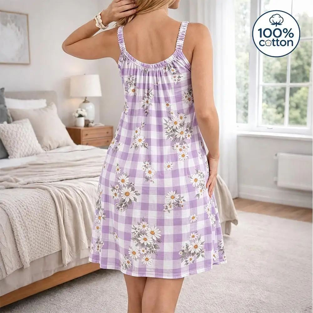 Women 100% Cotton Daisy Print Slip Nightgown Summer Soft Breathable Skin-Friendly Dress Ladies Casual Home Sleeveless Pajamas