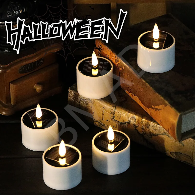 Outdoor Solar Tea Light Led Candles Flameless Waterproof Solar Tea Lights Rechargeable Candles for Halloween Party Garden Decor