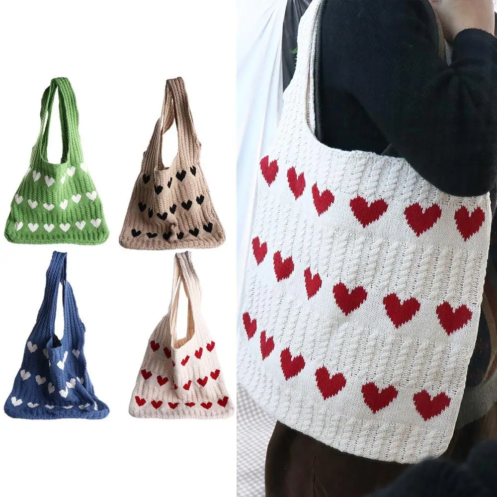 

New Fashion Knitted Love Heart Tote Bags Women Large Capacity Underarm Bag Handbag Soft Crochet Shoulder Bag