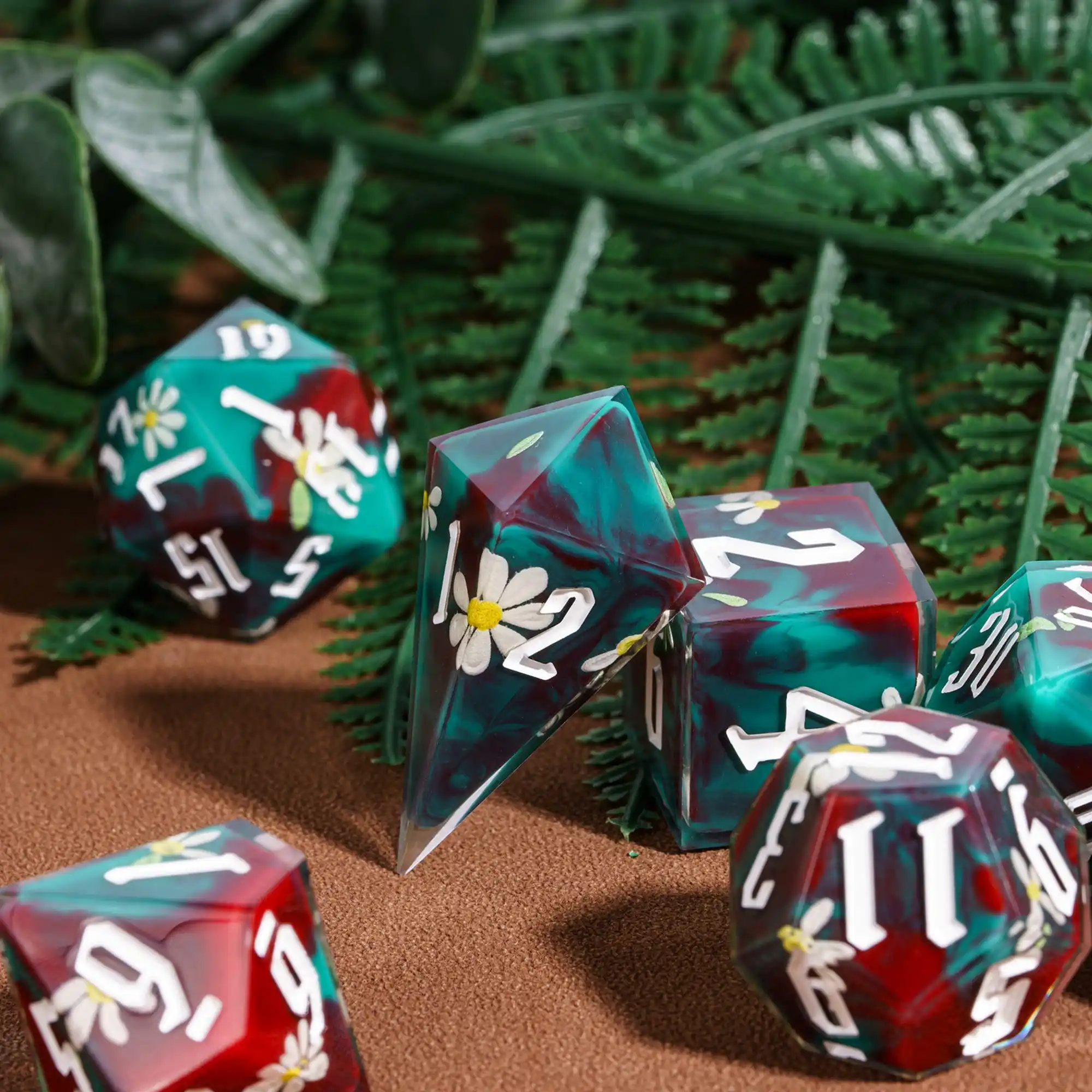 Cusdie Flower Sharp Edge Dices DND 7 Handcrafted Sticker Polyhedral Dice Set D4-D20 for D&D Pathfinder Role Playing Board Games