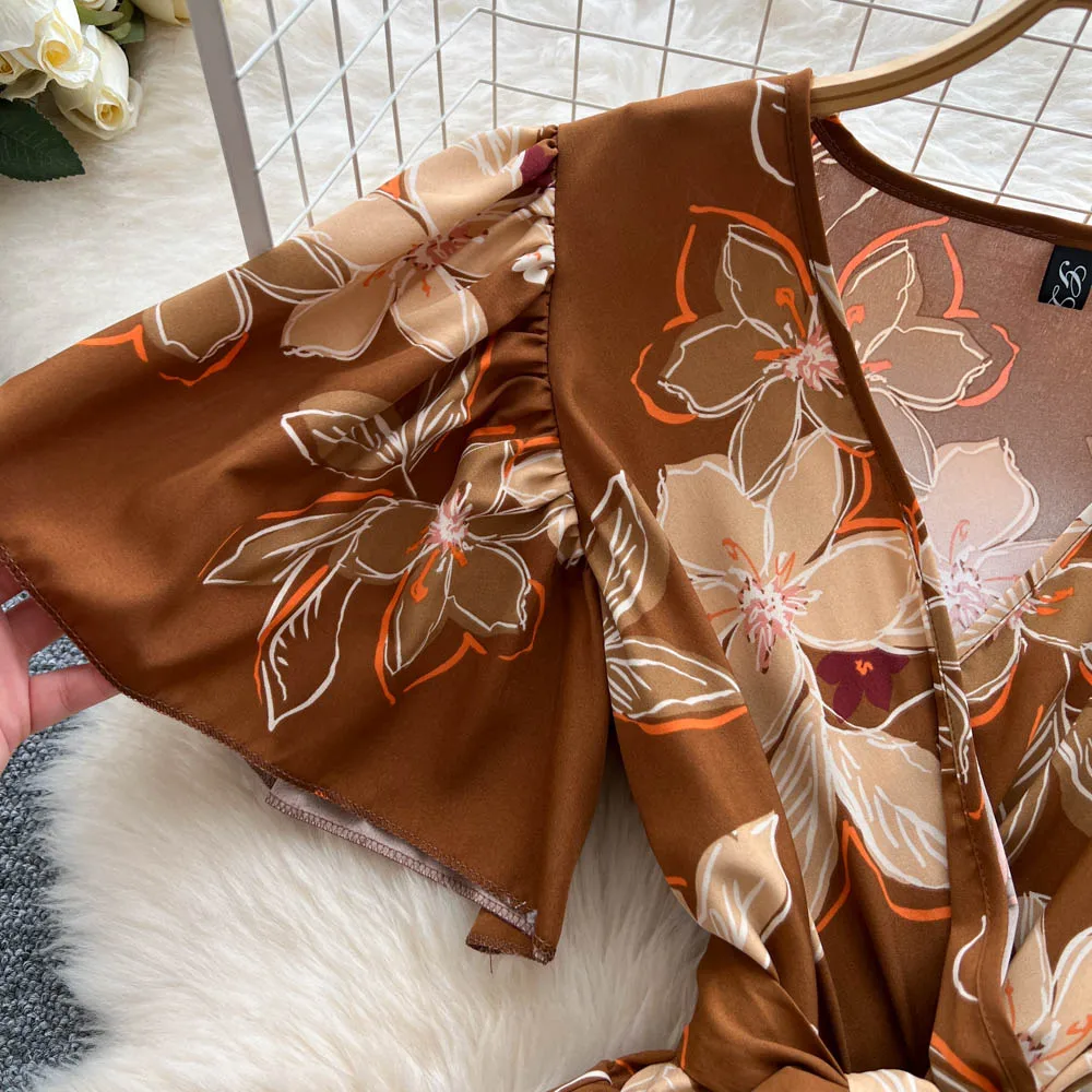 Chic vintage Sexy V-neck print ruffle lace-up Elegant Fairy Summer  Women Boho Sundress women clothing Long dress