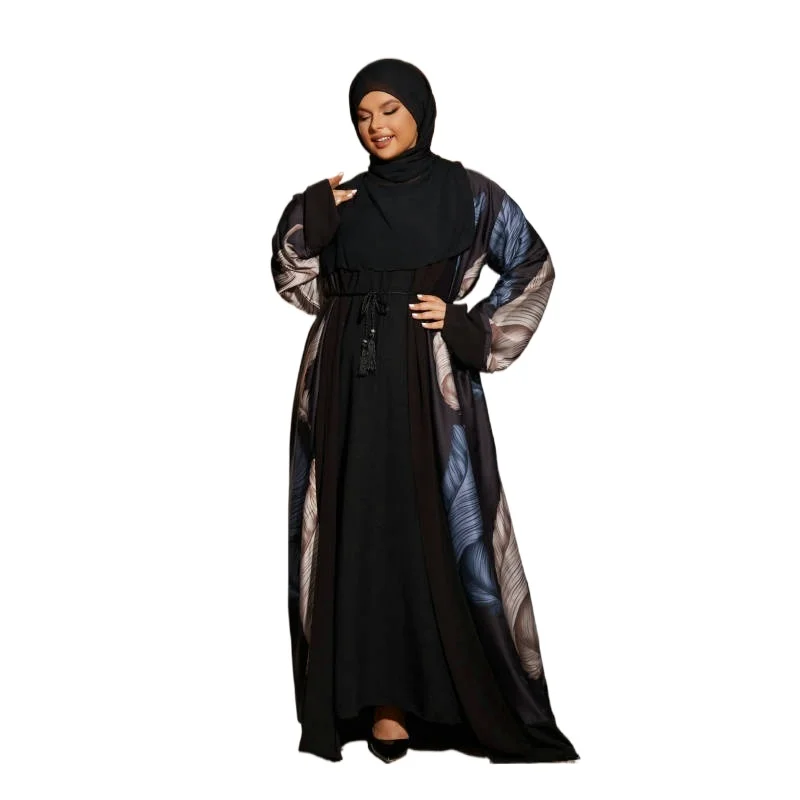 

Women Elegant Middle East Long Sleeve Casual Dresses With Hijab Muslim Printed Open Front Abaya And Inner 2pcs Sets Modest Robes