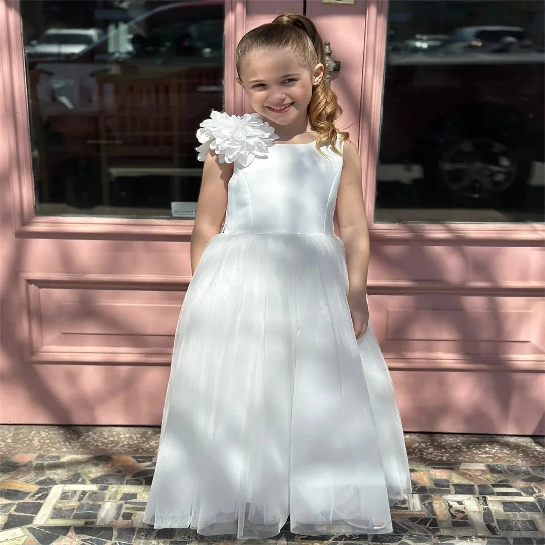 

Customized White Communion Dress for Girls Tulle and Satin Flower Girl Dresses for Country Wedding Floor Length Floral Birthday