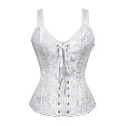 Fashion Womens Shoulder Straps Corset Overbust Top Vintage Jacquard Lace Up Bustier Lingerie Brocade Corselet Vest