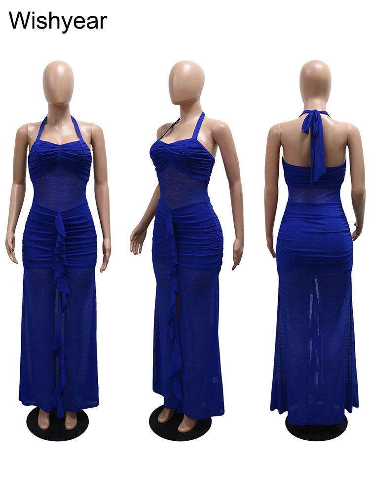 Nieuwe blauwe mesh patchwork geplooide slanke bodycon lange jurk halter backless split vrouwen sexy verjaardagsfeestje avond prom vestidos
