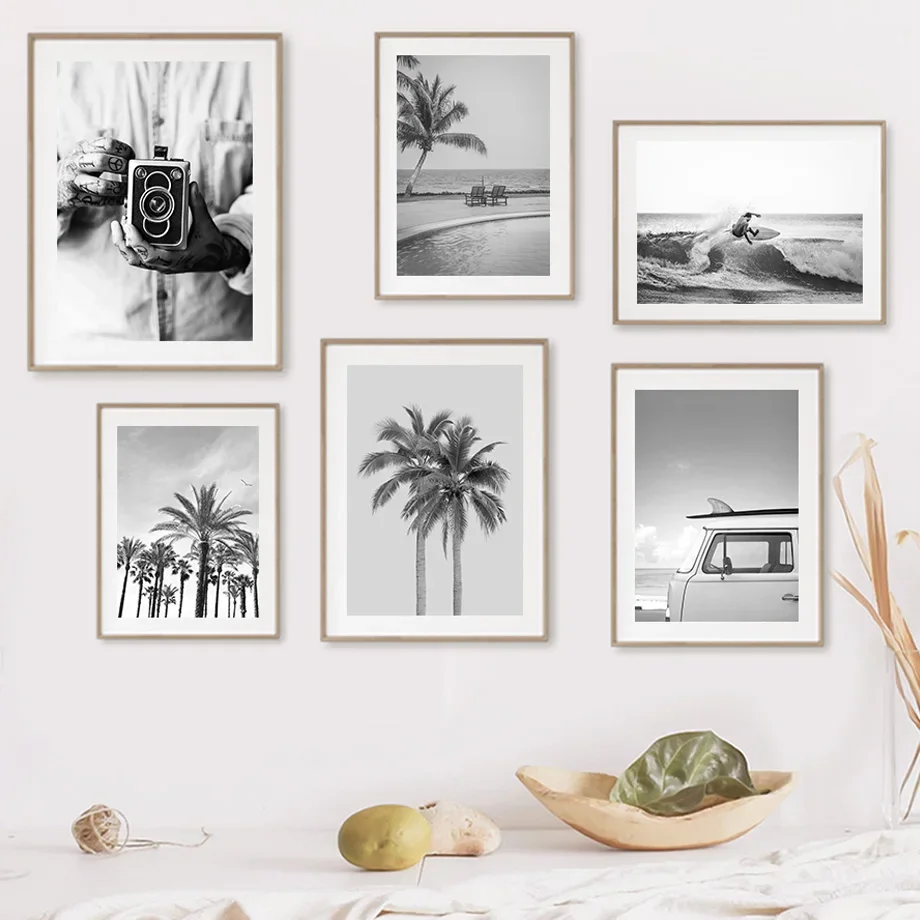 

Black White Photo Palm Tree Car Surf Umbrella Wall Art Painting Nordic Posters And Prints Wall Pictures For Living Room Decor