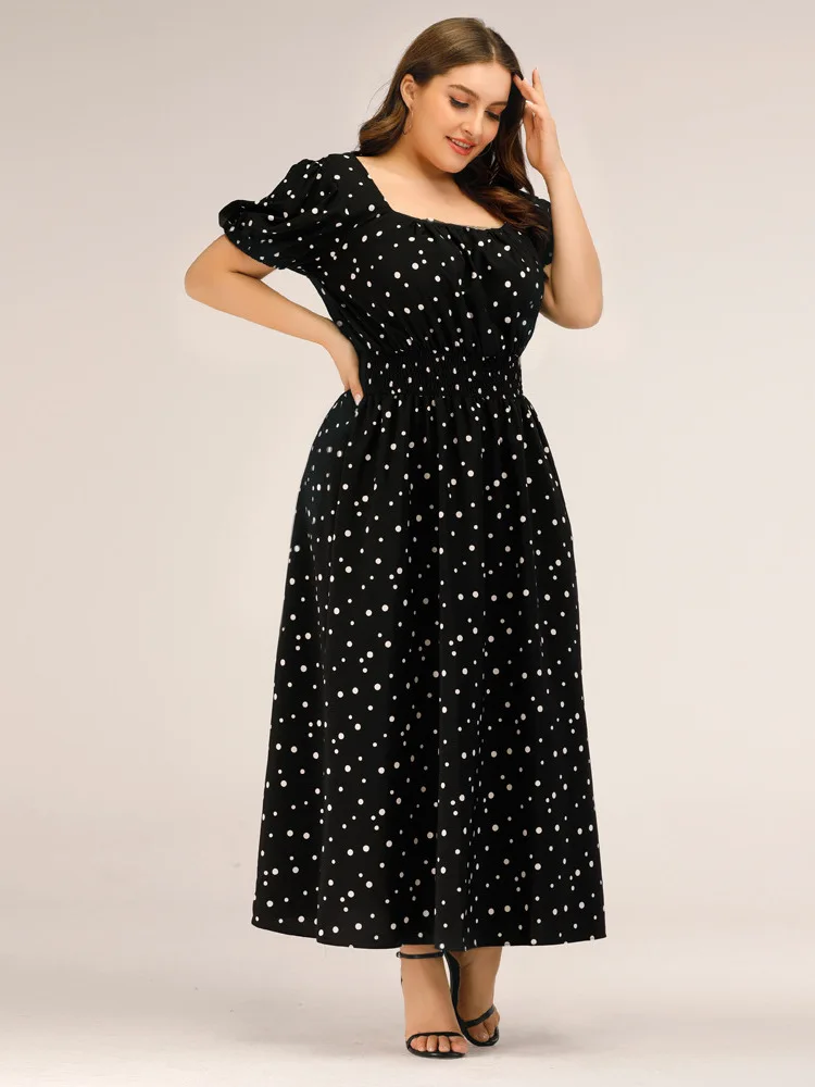 

Fashionable plus Size Women's Dress Polka Dot Short Sleeve Clean Fit A-Line Skirt City Walk Polyester Fiber Side Zipper