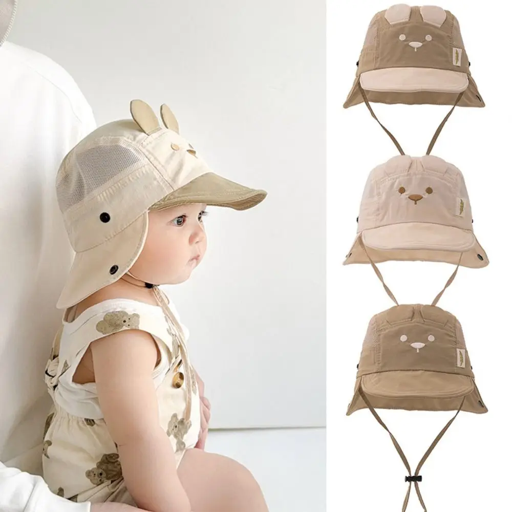 

New Cartoon Bear Ear Summer Baby Hat Embroidery Neck Protection Fisherman Hat Breathable Quick Dry Sun Cap Boys Girls