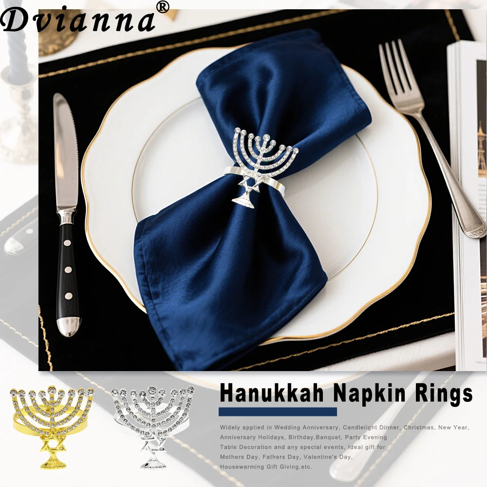 6/8Pcs Hanukkah Napkin Rings Gold Silver Crystal Candlestick Chanukah Napkin Holder for Menorah Jewish Party Dinning Table Decor