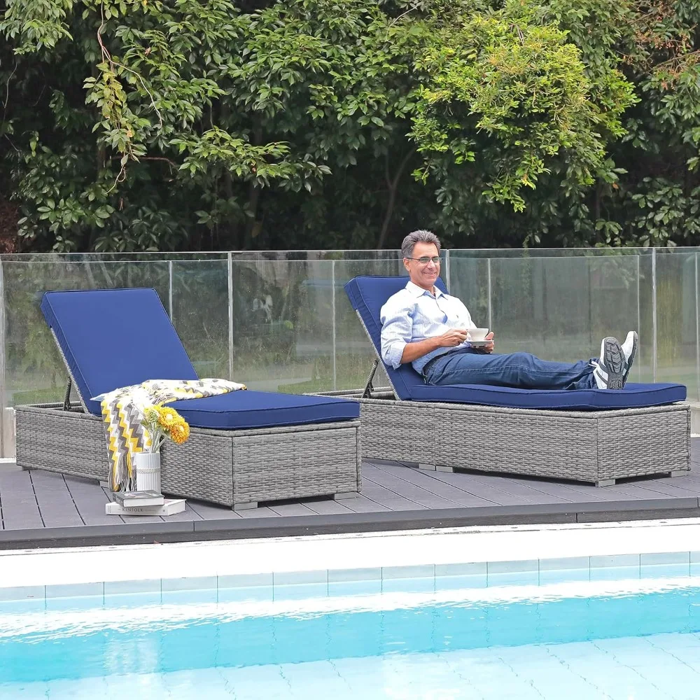 

Outdoor Patio Chaise Lounge Chair, Elegant Reclining Adjustable Pool Rattan Chaise Lounge Chair with Cushion, Set of 2