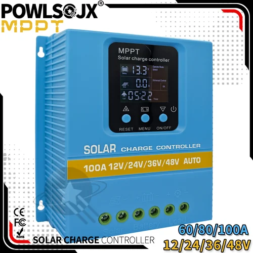 Cargador solar POWLSOJX MPPT 60A/80A/100A seleccionable, USB dual y protección de 3 etapas para farola/sistemas de energía doméstica