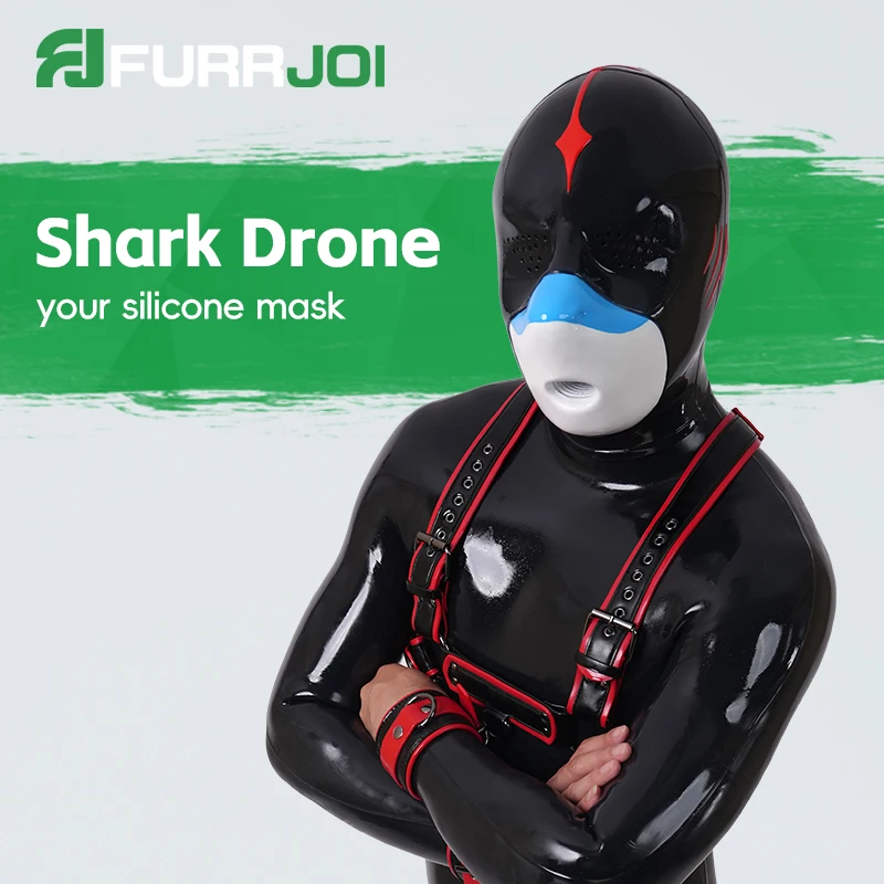 Furrjoi Silicone Shark Drone Mask with Eyes Holes Furry Fetish for Cosplay Costumes Shiny Latex Headwear Pet Play Full Head Hood