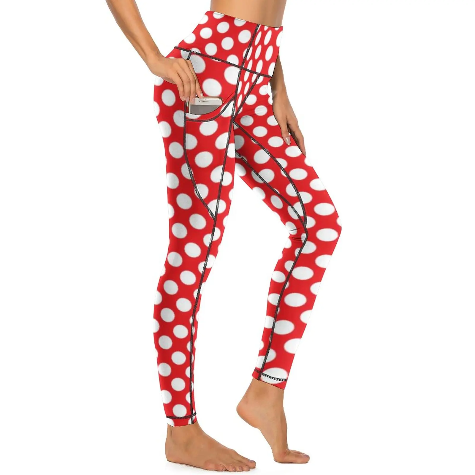 White And Red Polka Dot Leggings Sexy Vintage Spot Print Push Up Yoga Pants Sweet Stretch Leggins Pockets Workout Sports Tights