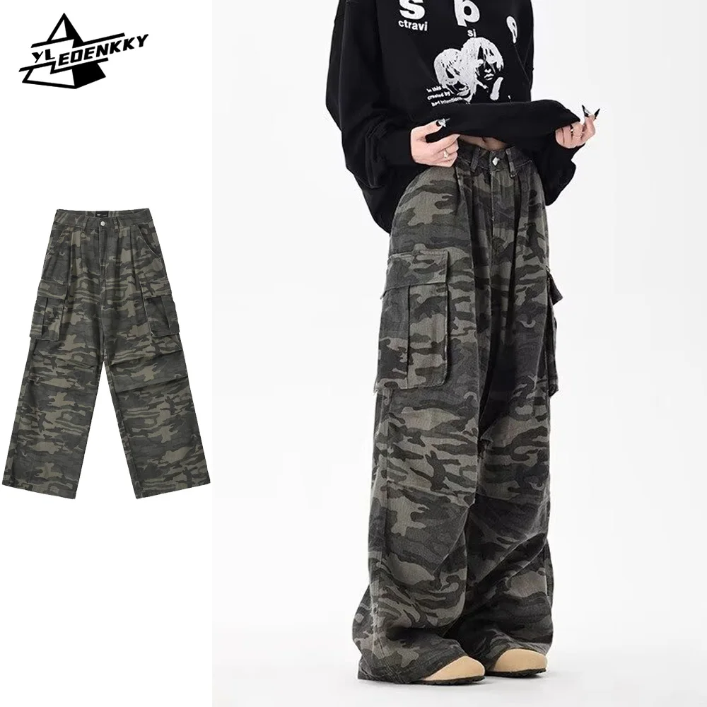 Mixed-color Cargo Pants Men Women American-style Retro Straight-leg Trousers High Street Large Pocket Wide-leg Trousers Unisex