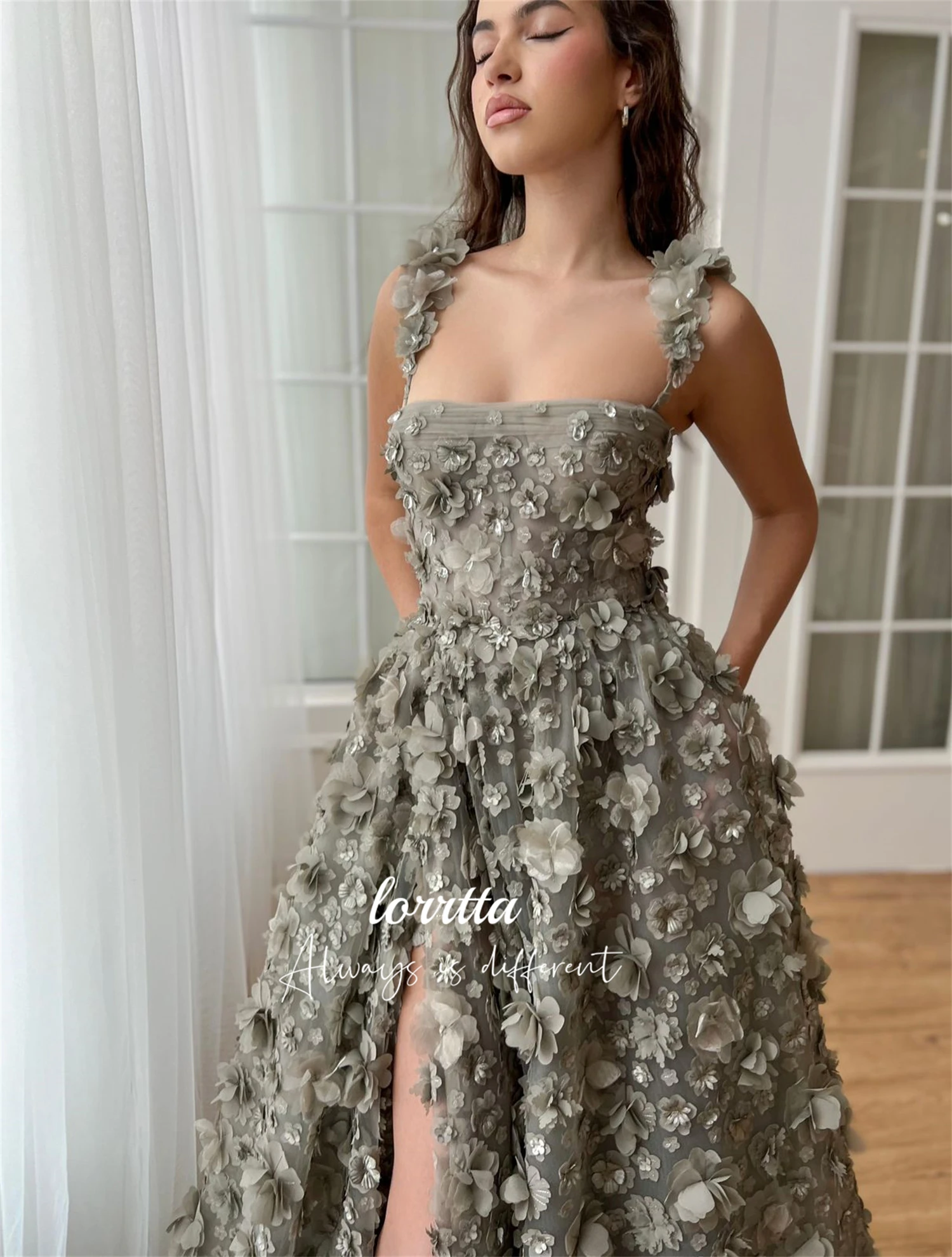 Lorrtta Evening Dress Grey Line A Three-dimensional Flower Fabric Graduation Gown Ball Suitable Dresses on Request