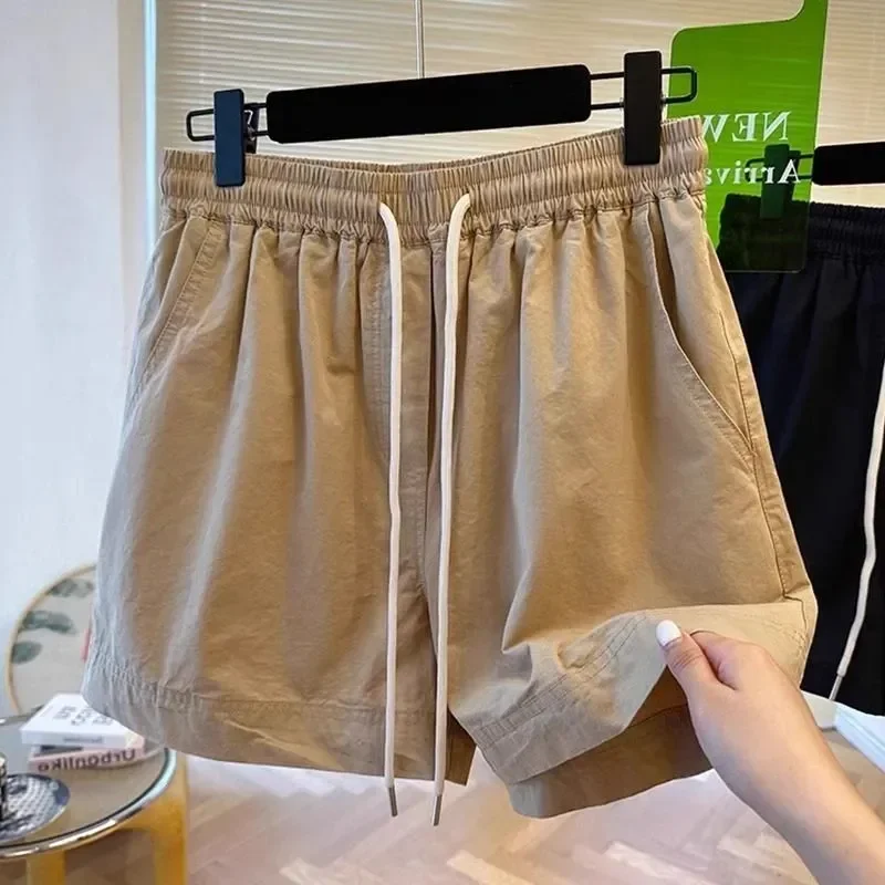 

Женские хлопковые повседневные шорты с широкими штанинами, больших размеров, на шнурке, утягивающие, для лета, цвета хаки