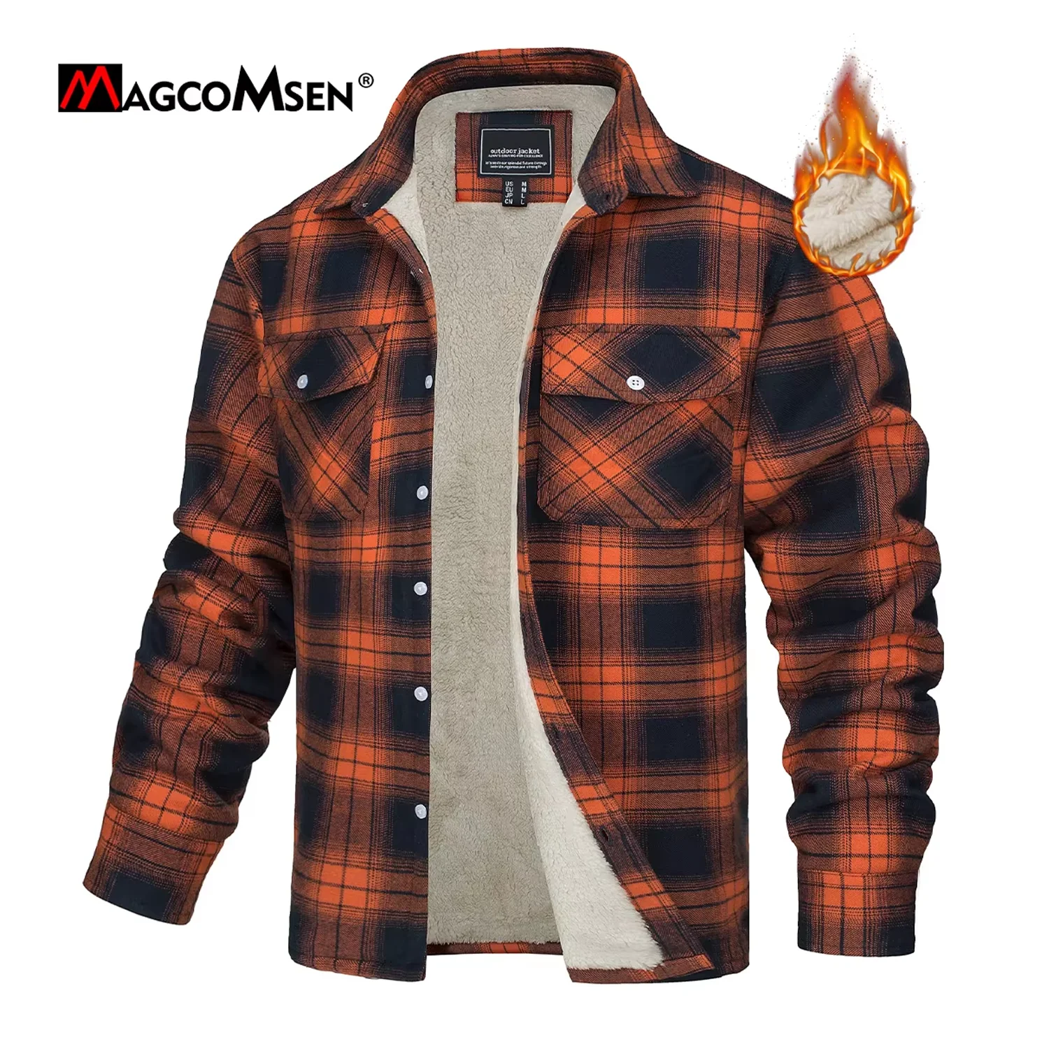 MAGCOMSEN Fleece Plaid Flannel Shirt Jacket  Men's Button Up Casual Cotton Jacket Thicken Warm Spring Work Coat Sherpa Outerwear