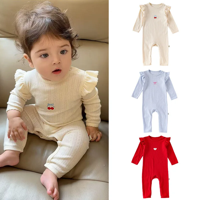 

2025 Baby Pure Cotton One-piece Suit for Autumn New Nordic Style Long-sleeved Lace Romper for Boys and Girls