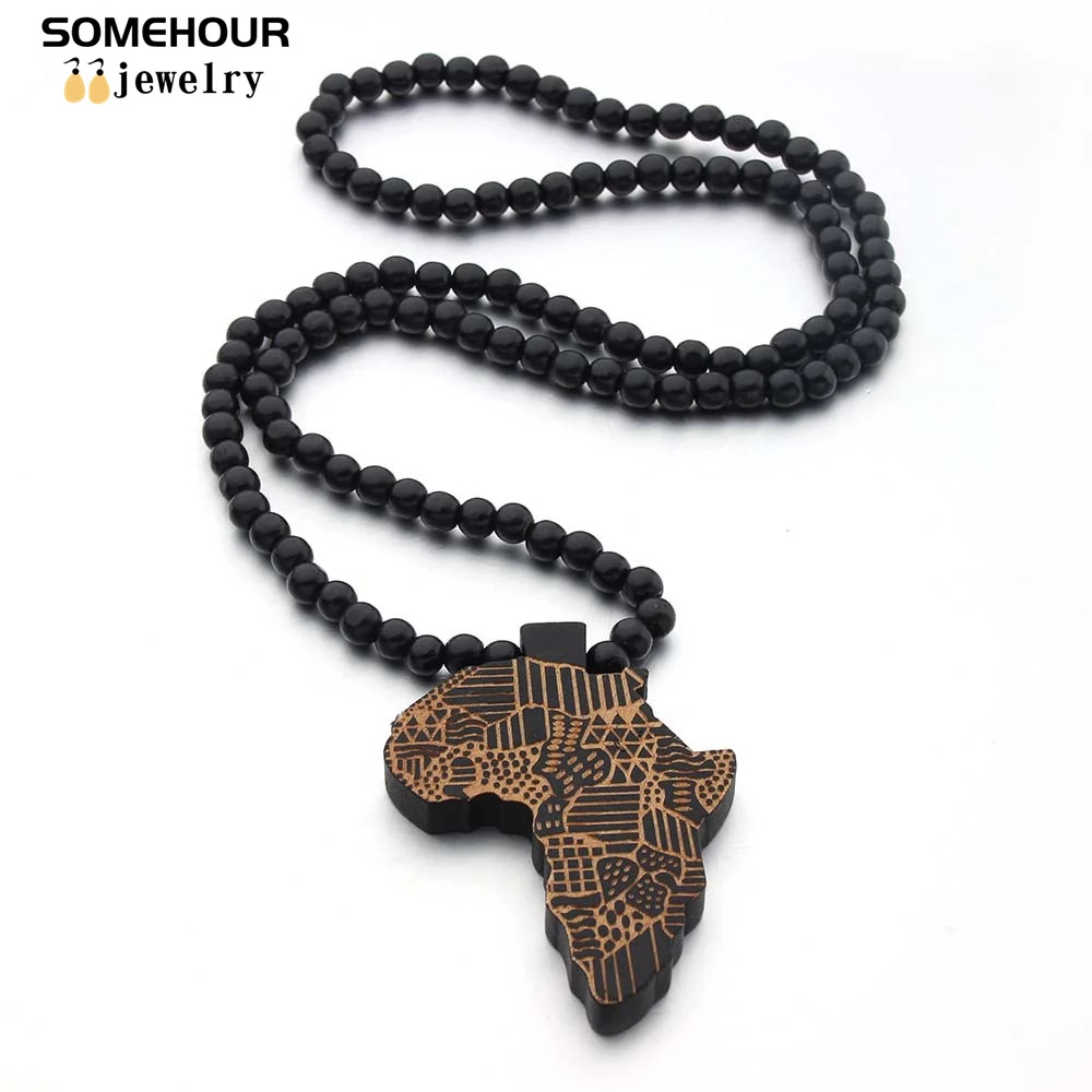 SOMEHOUR Fashion Africa Map Necklace For Men And Women Engraved Wooden Pendant Beads String Chians Charms Dangle Hiphop Jewelry