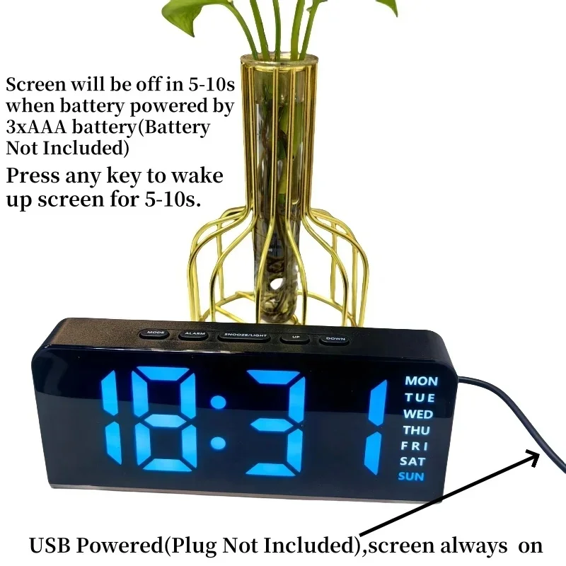 USB Powered Digital Alarm Clock Mood Light TEMP Date Week 2 Alarm Snooze Table Clock 4-level Brightness 12/24H Digital LED Clock