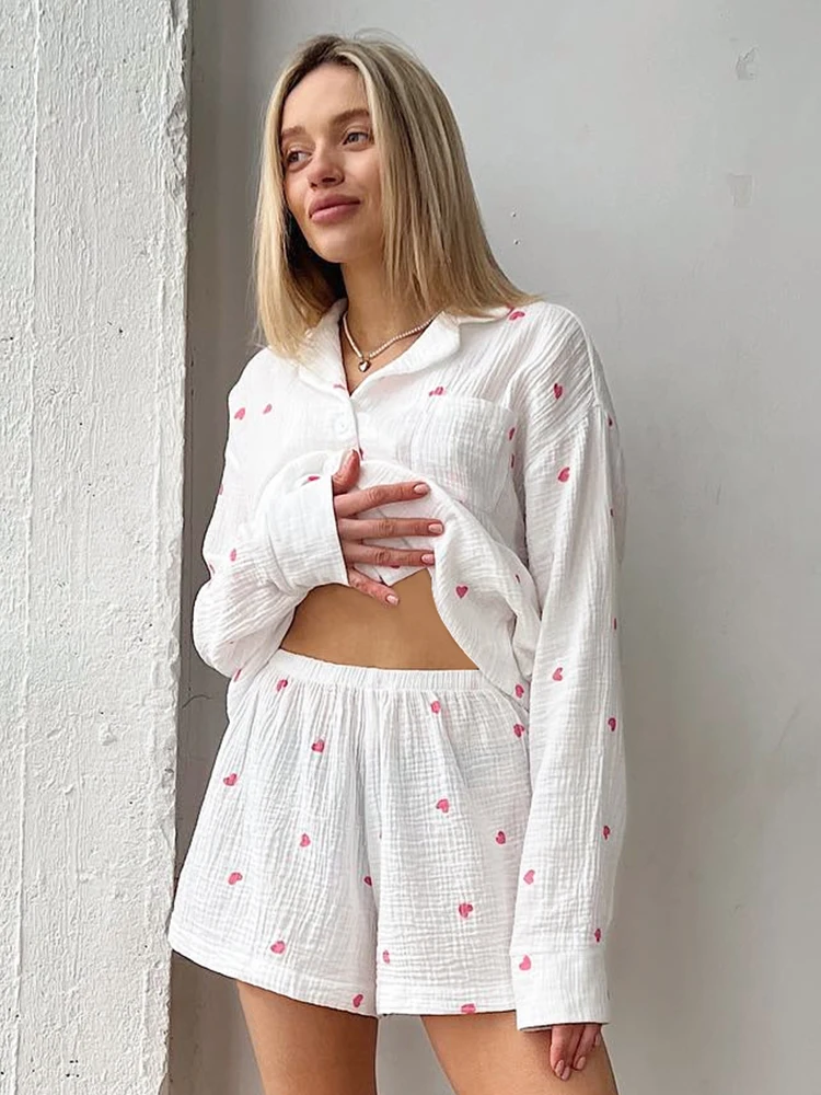 HiLoc Love Print Loose Women\'s Home Clothes 2 Piece Sets Long Sleeve Sleepwear Cotton Suits With Shorts Casual Pajamas Spring