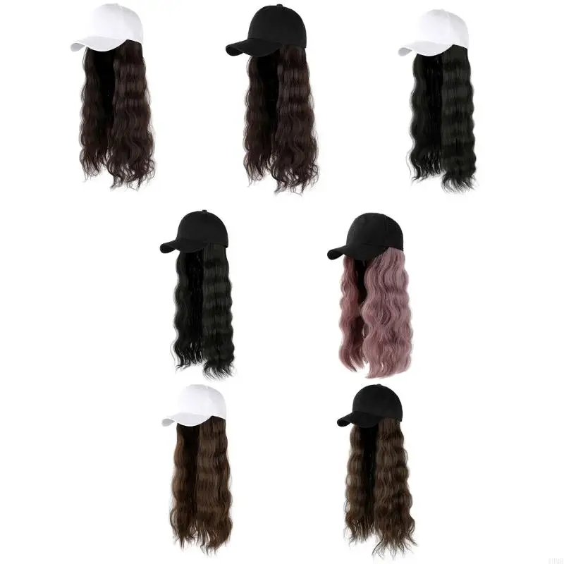 49MB Baseball Hat Women Baseball With Hair Extensions For Women Long Wavy Curly Hair Baseball Hair