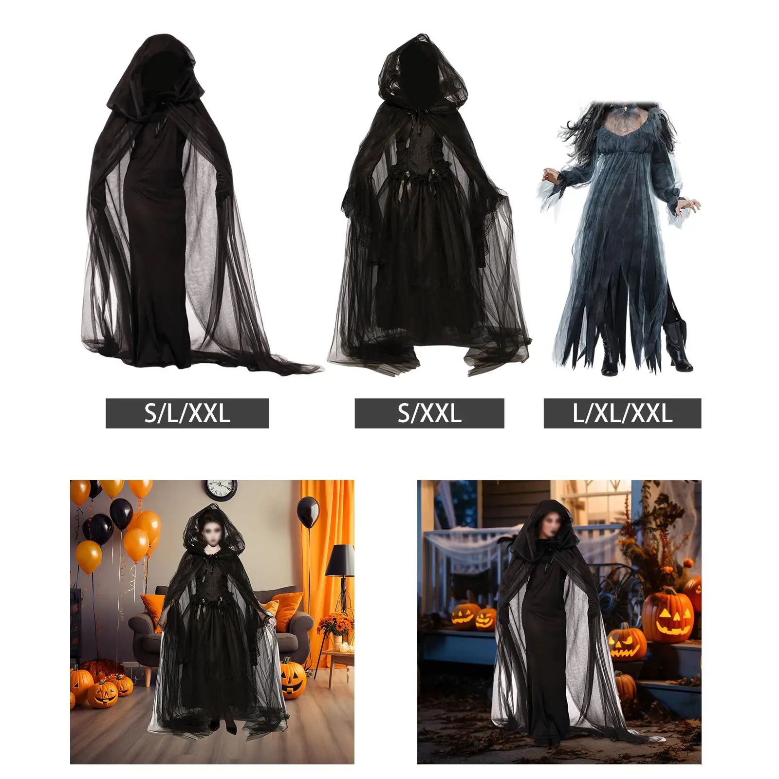 Vestido de bruja Trajes Adultos Disfraz de terror Vestido medieval negro Rendimiento para mujeres Vestido de vampiro de novia fantasma de longitud completa