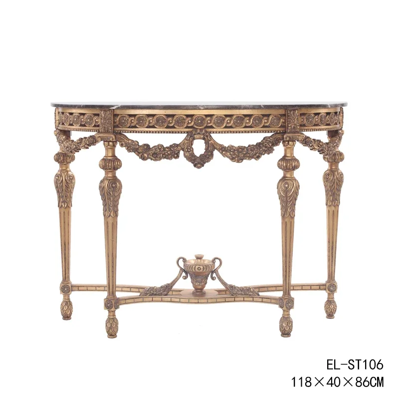 

Luxury solid wood carving and gold foil strip case villa living room corridor marble desktop entrance table