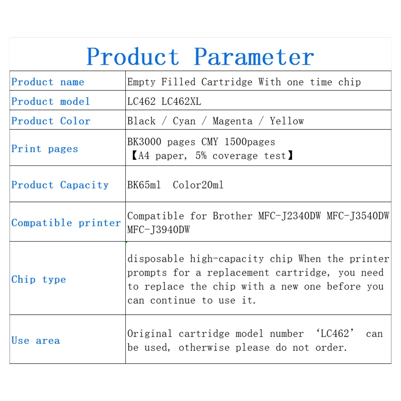 LC462 LC462XL Refillable Ink Cartridge With Chip for Brother MFC-J2340DW MFC-J3540DW MFC-J3940DW Printer with Disposable Chip