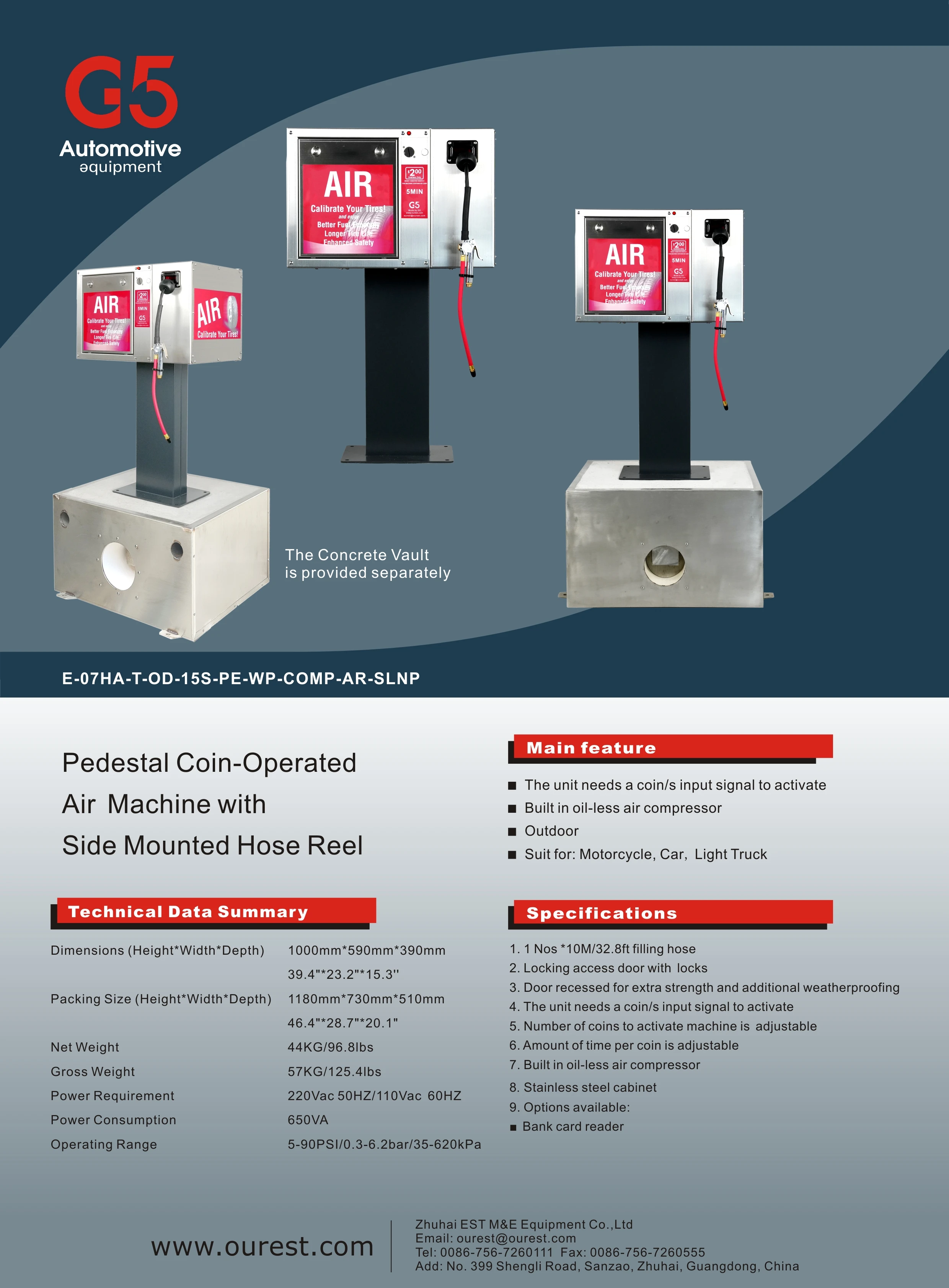 G5 CE Outdoor Card Coin Operated Digital Tyre Inflator Gas Station Tire Inflators with Built in Air Compressor With Air Reel