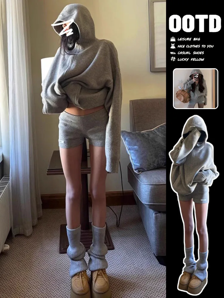 Grey Knitted Sweater Dress Set Women's Fashion Autumn Winter Warm Loose Fit High Waist Short Pants Two Piece Suit Ensemble