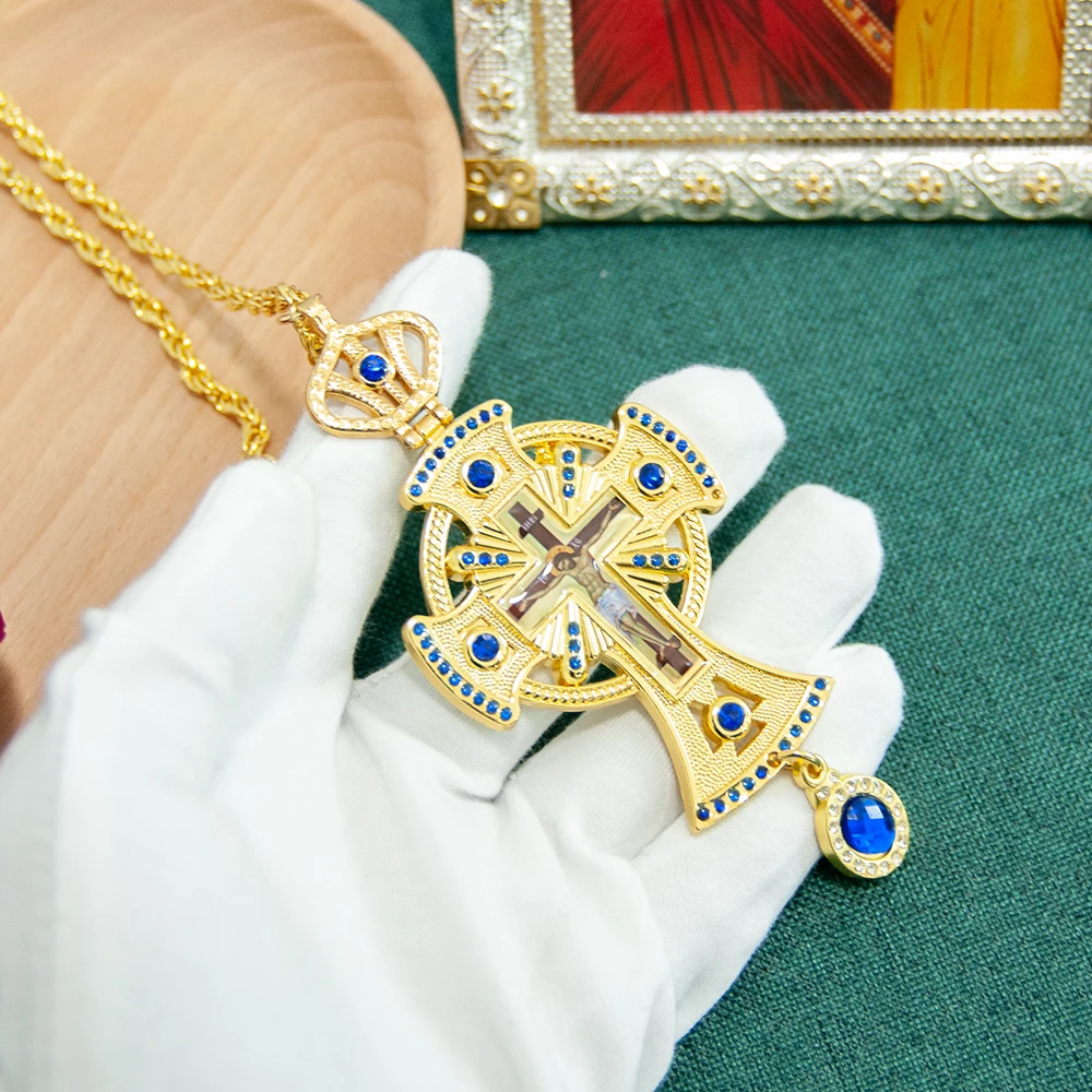 Gold Plated Orthodox Pectoral Cross Necklace with Crown, Blue/Red Gemstones & Jesus Icon for Christian Clergy Liturgical Wear