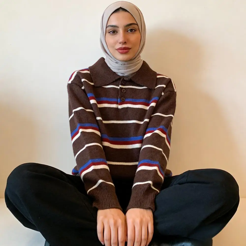 

Women's Vintage Striped Knit Pullover Sweater Turn - down Collar Long Sleeve Loose Fit Winter Warm Casual Cardigan for Commute