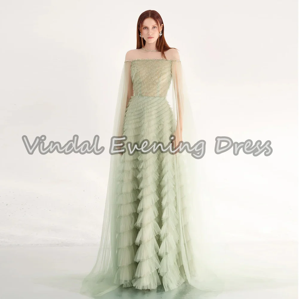 

Vindal Tulle A-line O-neck Beading Ruffle Floor Length Simple Saudi Arab Evening Party Dresses For Women 2025 With Long Sleeves