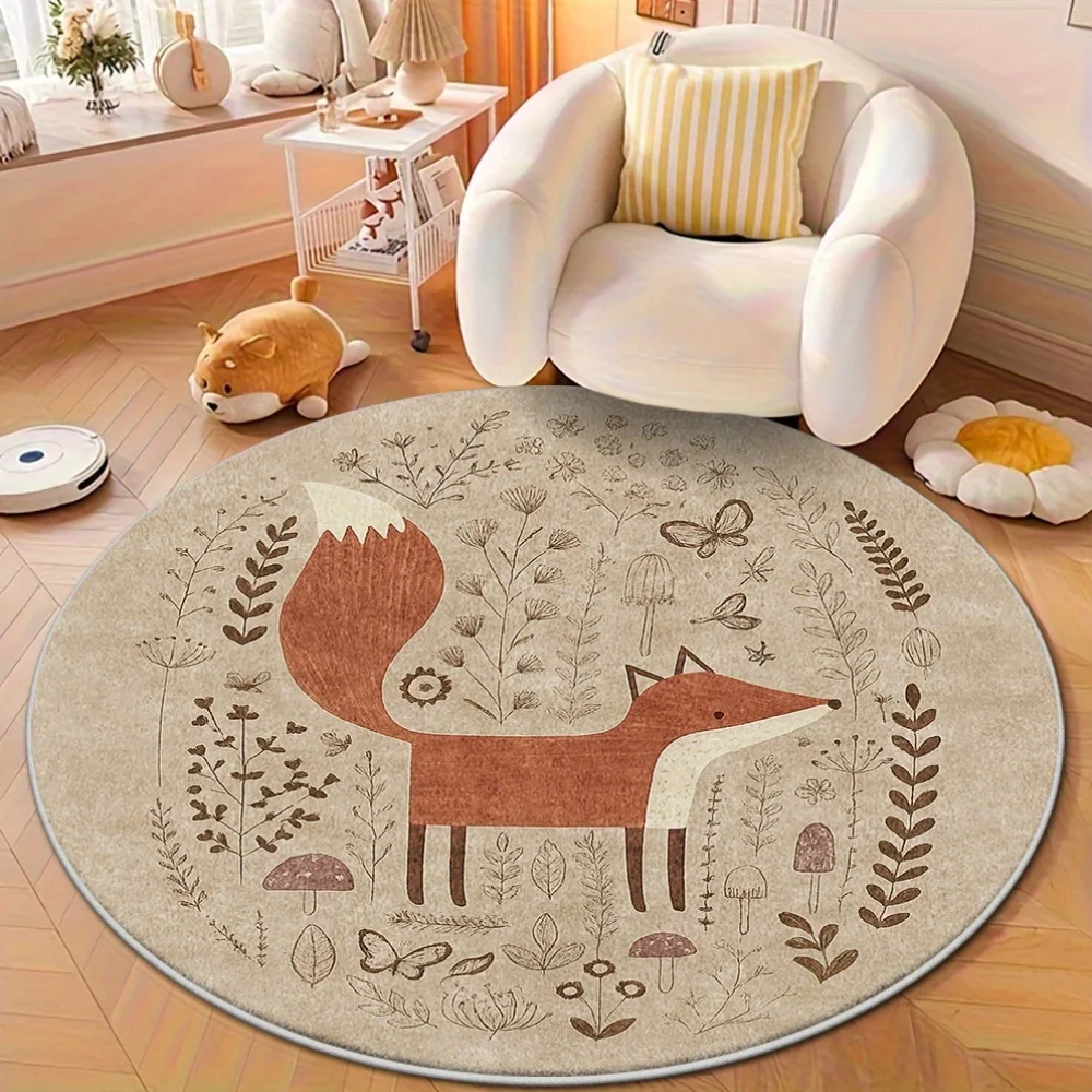Rustic Woodland Fox Animal Round Area Rug Polyester Soft Boho Nursery Floor Mat Bohemian Forest Tapestry Decor Carpet