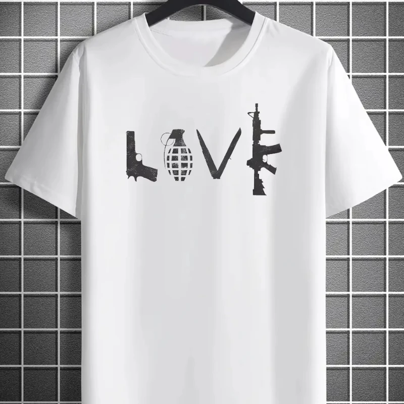 Lover Gun Print Men Round Crew Neck Short Sleeve Simple Style Tee Fashion Regular Fit T-Shirt Casual Comfy Breathable Top